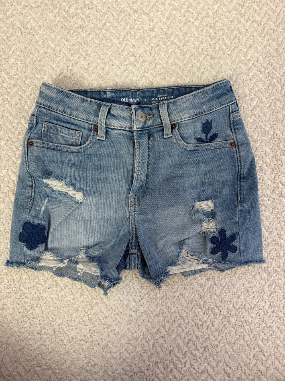 Old Navy Light Blue Distressed Denim Shorts with Dark Blue Floral Patches